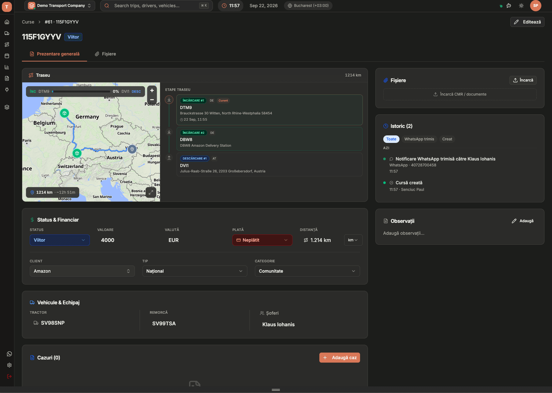 Trip with two loading stops and one unloading stop, ordered beside the map