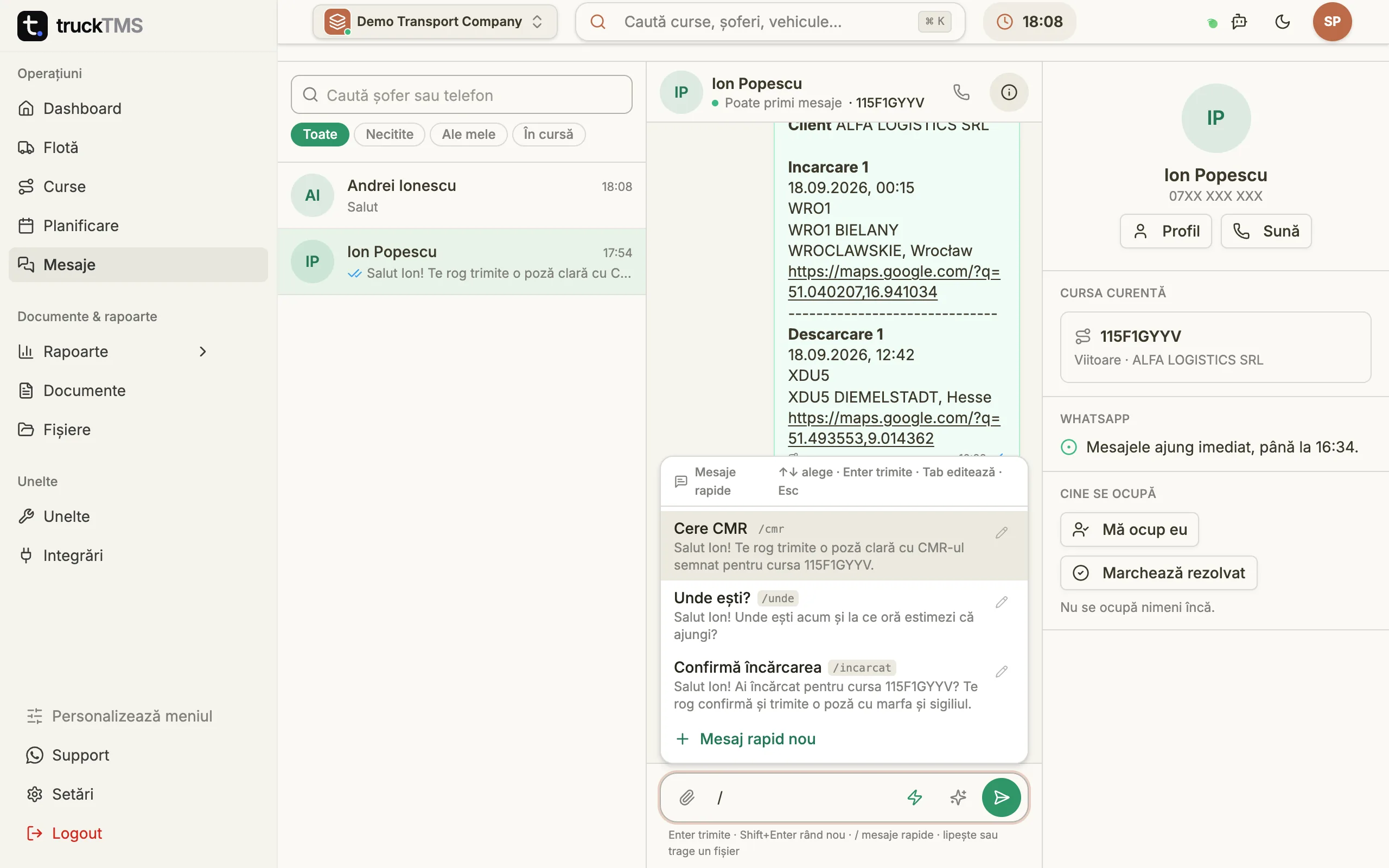 Lista de mesaje rapide din chatul truckTMS: Cere CMR /cmr, Unde ești? /unde și Confirmă încărcarea /incarcat