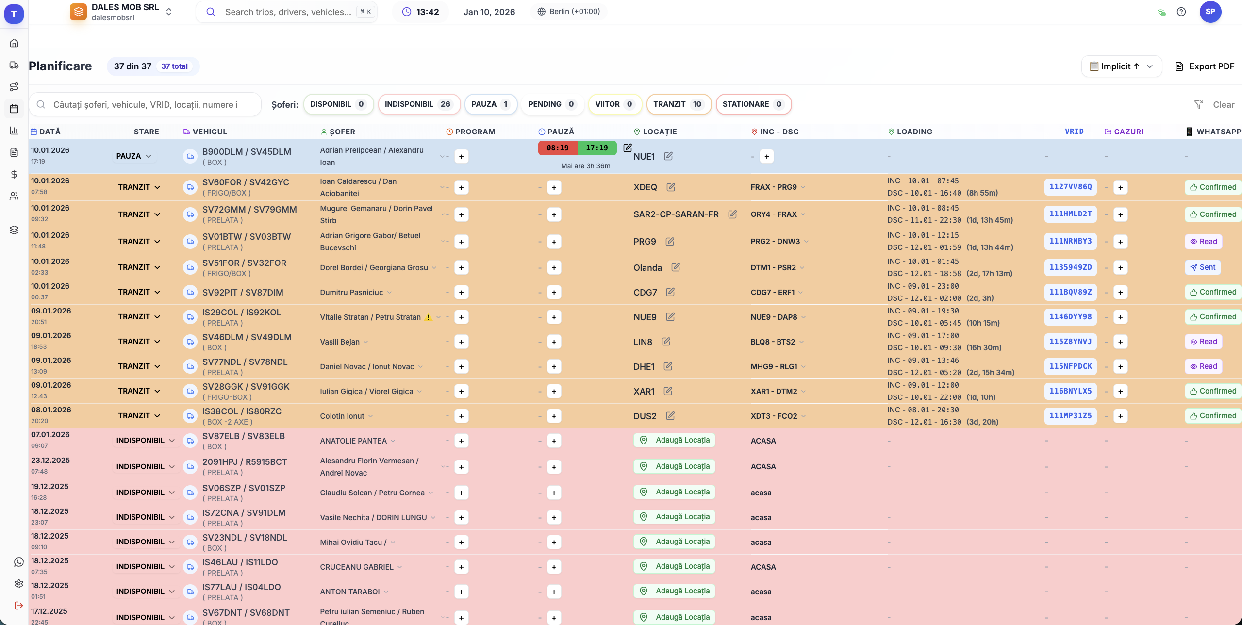 Planificarea Live a Șoferilor